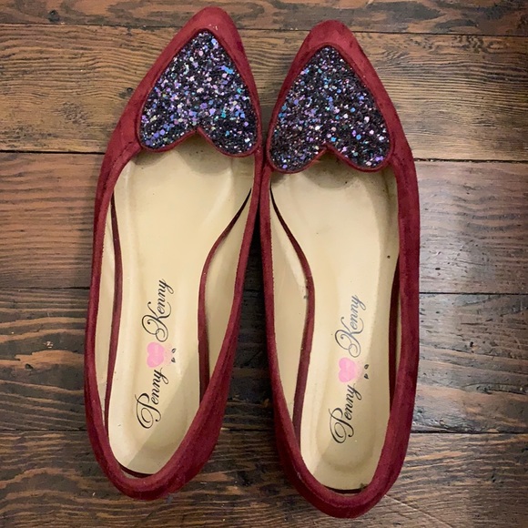 Burgundy sparkly heart Penny Loves Kenny flats - Picture 1 of 6
